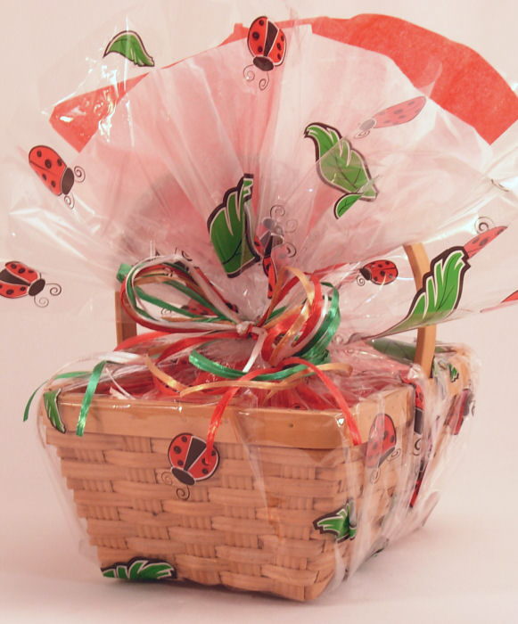 Basket -Woven Wood w/ Ladybug Cello Wrap - Click Image to Close